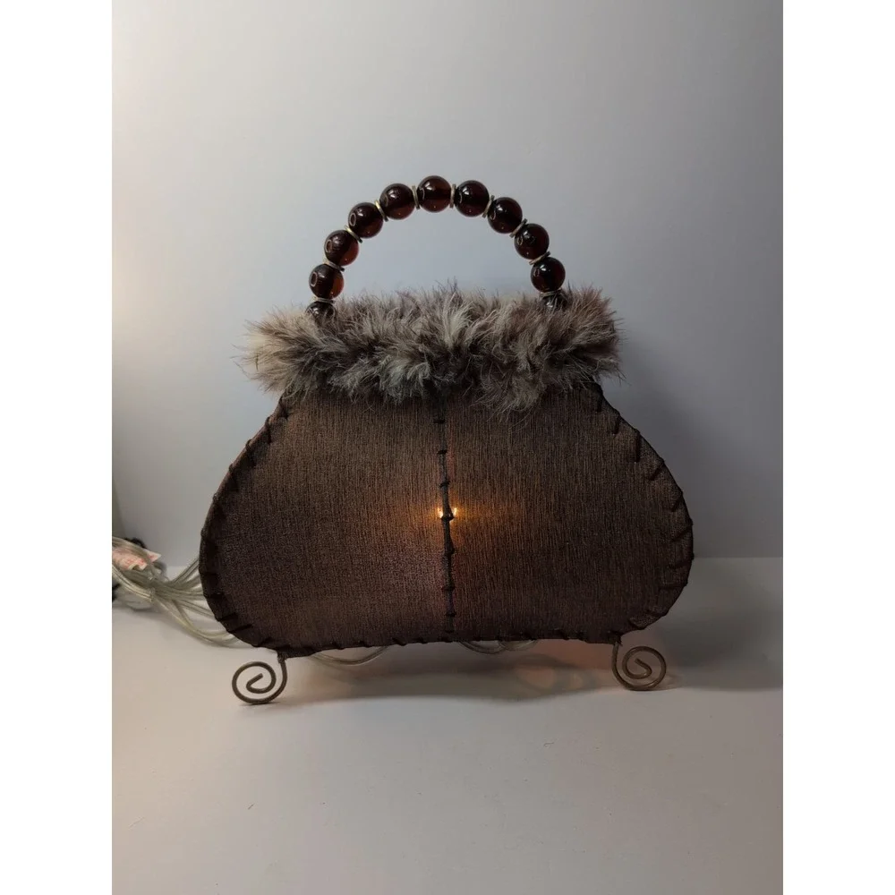 Vintage Style Boutique Purse Lamp Feathered Rare Handbag Light Fur‎ Beaded Deco